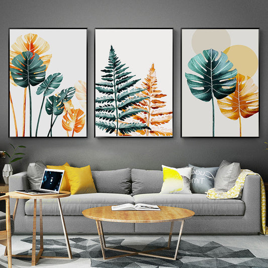 Simple Green Tropical Plant Gold Green Leaf Wall Art Oil Painting