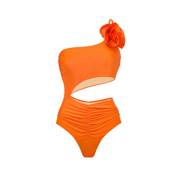 Oblique Shoulder Flower One-Piece Swimsuit with Skirt