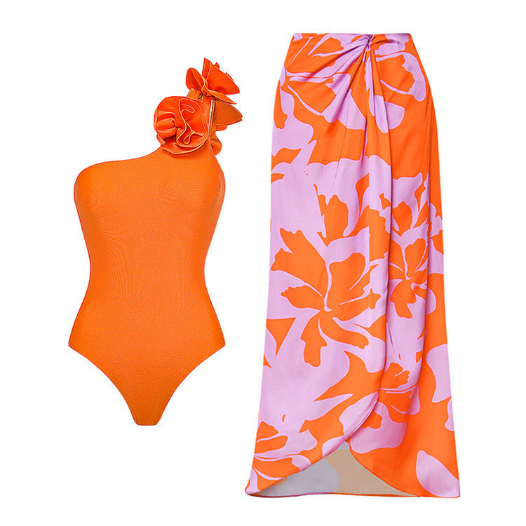 Oblique Shoulder Flower One-Piece Swimsuit with Skirt