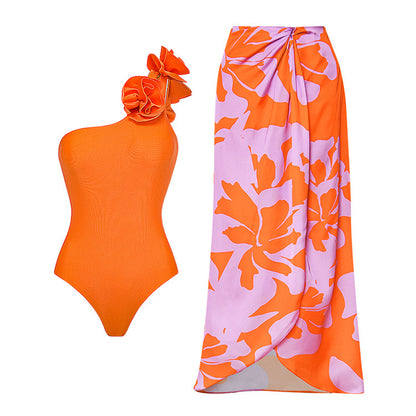 Oblique Shoulder Flower One-Piece Swimsuit with Skirt